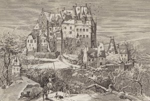 Eltzin linna Mosel-joen yläpuolella, Saksassa, sellaisena kuin se näytti 1500-luvun lopulla (litho) tekijältä German School
