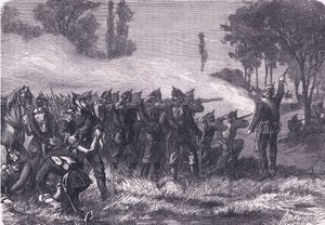 Kohtaus metsässä ennen Metziä, Cassells History of the War of the France ja Saksa, julkaisija Cassell and Company Limited, n. 1890 (litho) tekijältä German School