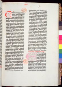 Pentateukin loppu ja Joosuan kirjan alku, Gutenbergin Raamatusta, painat Johannes Gutenberg (n. 1400-1468) ja Peter Schoeffer (1425-1502) Mainzissa, 1454-56 (painettu paperi)