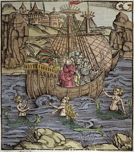 Eneide de Virgil (70 eKr.-19 eKr.), Troijan sankari Enee ja hänen toverinsa ylittävät meren, joka on täynnä sireeniä. Ksylografia Sebastian Brant (1458-1521). Strasbourg tekijältä German School
