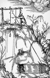 Kaiverrus De re metallicasta (Metallien luonteesta), Georg Pawer tai Georgius Agricola (1494-1555), julkaistu Baselissa tekijältä German School