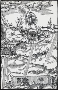 Kaiverrus De re metallicasta (Metallien luonteesta), Georg Pawer tai Georgius Agricola (1494-1555), julkaistu Baselissa tekijältä German School