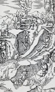 Kaiverrus De re metallicasta (Metallien luonteesta), Georg Pawer tai Georgius Agricola (1494-1555), julkaistu Baselissa tekijältä German School