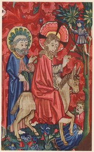 Jeesuksen Kristuksen astuminen Jerusalemiin, gobeliini alttarin etusivulla, Basel, n. 1440-1450 (värilitografia). tekijältä German School