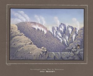 Merapi-tulivuoren purkaukset ja sisäseinä, Pl. V, Topografinen ja luonnontieteellinen atlas matkalla Jaavan halki, kirjoittanut Dr.Fr.Junghuhn, Magdeburg 1845 tekijältä German School