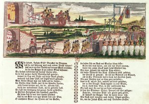 Joseph Süss Oppenheimerin teloitus vuonna 1738 (värillinen puupiirros) tekijältä German School