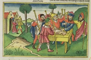 Exodus 12 Ensimmäinen pääsiäinen, Nürnbergin Raamatusta (Biblia Sacra Germanaica) (värillinen puupiirros) tekijältä German School