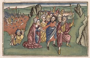 Exodus 14 Mooses ja israelilaiset ylittämässä Punaista merta, Nürnbergin Raamatusta (Biblia Sacra Germanaica) (värillinen puupiirros) tekijältä German School