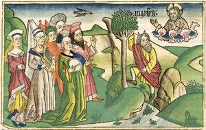 Mooseksen kirja 15 1-19 Mooseksen laulu, Nürnbergin Raamatusta (Biblia Sacra Germanaica) (värillinen puupiirros) tekijältä German School