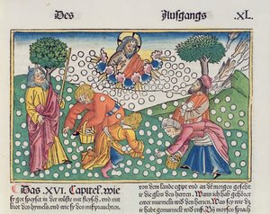 2. Moos. 16 13-22 Jumala tarjoaa israelilaisille viiriäisiä ja mannaa Nürnbergin Raamatusta (Biblia Sacra Germanaica) (värillinen puupiirros)