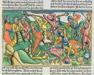 Mooseksen kirja 17 8-15 Aaron ja Hur tukevat Mooseksen käsiä varmistaakseen israelilaisten voiton amalekilaisista Nürnbergin Raamatusta (Biblia Sacra Germanaica) (värillinen puupiirros)