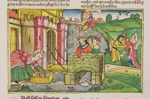 Exodus 2 1-6 Mooses kellutettiin alas Niiliä ja yksi faraon vaimoista löysi Nürnbergin Raamatusta (Biblia Sacra Germanaica) (värillinen puupiirros) tekijältä German School