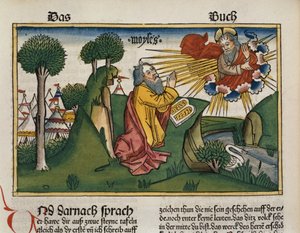 Mooseksen kirja 34 1-10 Mooses saa Nürnbergin Raamatusta (Biblia Sacra Germanaica) toiset kymmenen käskyä sisältävät taulut (värillinen puupiirros) tekijältä German School