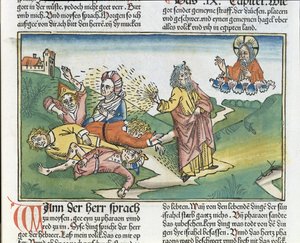 2. Moos. 9 8-12 Egyptin seitsemän vitsausta: Mooses ja paisujen rutto, Nürnbergin Raamatusta (Biblia Sacra Germanaica) (värillinen puupiirros) tekijältä German School