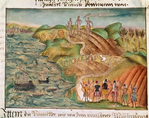 Retkikunta laskeutuu Venezuelaan Coelerin perheen muistelmista, elämäkerrallisista muistiinpanoista ja runoista, n. 1560-1632 (akvarelli paperille) tekijältä German School