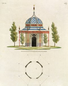 Kiinalaisen puutarhatemppelin ulkopuoli, viimeaikaisista uusista ideoista puutarhaan, julkaistu 1779 (värikaiverrus) (katso myös 170864) tekijältä German School