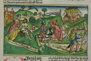 Faksikopio Job: Frontispiece, Jobia moitti vaimonsa, hänen talonsa ja perheensä tuhoutuivat hurrikaanissa ja hänen karjansa varastettiin, Nürnbergin Raamatusta (Biblia Sacra Germanaica) (värillinen) tekijältä German School