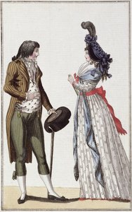 Directoire-kauden (1795-99) muodikas pariskunta (värikaiverrus) tekijältä German School