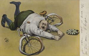 Lihava mies, pudonnut pyörästään (väri litho) tekijältä German School
