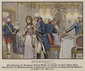 Preussin kruununprinssi Frederick Williamin ja hänen tulevan morsiamensa, Mecklenburg-Strelitzin prinsessa Louisen ensimmäinen tapaaminen isänsä, kuningas Frederick William II:n päämajassa Frankfurtissa tekijältä German School