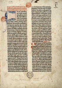 Gutenbergin latinankielisen Raamatun ensimmäinen sivu (vulgate) valmistettu Mainzissa 1452 - 1454. Pyhän Hieronymuksen epitrin alku pappi Paulinille, joka käsittelee kaikkia Pyhän Raamatun kirjoja. tekijältä German School