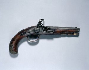 Flintlock-pistooli, piipun valmistaja Johann Andreas Kuchenreuter (1716-1795), n. 1750 (teräs, pähkinäpuu, messinkikiinnikkeet, piippu kullalla, messingillä ja hopealla) tekijältä German School