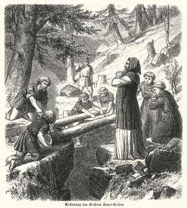 St Gallin luostarin perustaminen, Sveitsi, 800-luku (kaiverrus) tekijältä German School
