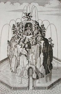 Suihkulähdesuunnittelu, "Architectura Curiosa Nova", Georg Andreas Bockler (1617-85), julkaistu 1704 (kaiverrus) tekijältä German School