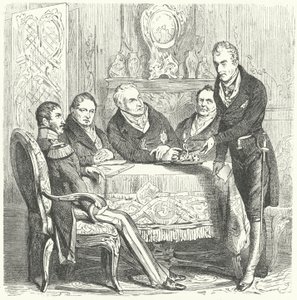 Frederick Vilhelm III Preussista keskustelee pääministerinsä Karl August von Hardenbergin ja Itävallan ulkoministerin Klemens von Metternichin kanssa (kaiverrus) tekijältä German School