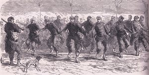Ranskalaiset sotilaat tanssivat leirillä, Cassells History of the War välillä Ranskan ja Saksan välillä, julkaisija Cassell and Company Limited, n. 1890 (litho) tekijältä German School