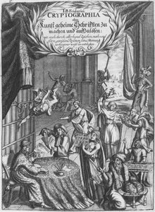 Etukappale, kuvitus Cryptographiasta tai Johann Balthasar Fridericin salaiset kirjoitukset, Johan Friedleinin kaivertama (1600-luku), julkaistu Hampurissa 1685 tekijältä German School