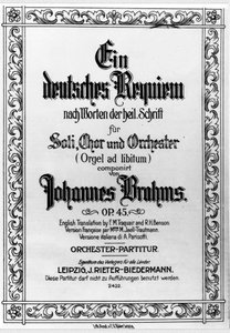 Johannes Brahmsin (1833 - 1897) saksalaisen requiemin etukappale (litho) tekijältä German School