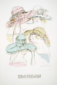 "Fur Schone Tage", Regina Friedlanderin kesähattujen mainos, julkaisusta Styl, pub.1922 (pokkaripainatus). tekijältä German School