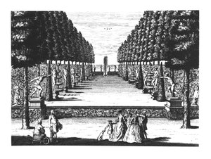 Puutarhateatteri Herrenhausenissa, kaiverrus Joost Van Sasse (1716-36) tekijältä German School