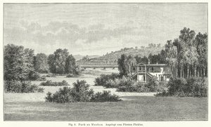 Puutarhasuunnittelu: Muskau Park, Saksa, piirtäjä prinssi Hermann von Pueckler-Muskau (kaiverrus) tekijältä German School