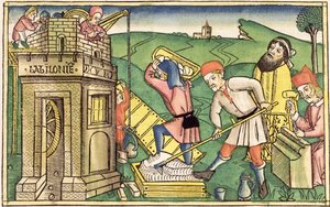 Genesis 11 1-9 Baabelin tornin rakentaminen, Nürnbergin Raamatusta (Biblia Sacra Germanaica) (värillinen puupiirros) tekijältä German School