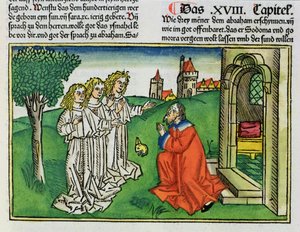 Genesis 18 2 Abraham ja kolme enkeliä, Nürnbergin Raamatusta (Biblia Sacra Germanaica) (värillinen puupiirros) tekijältä German School