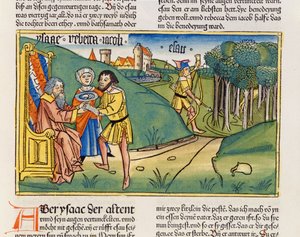 Mooseksen kirja 27 6-29 Jaakob saa Iisakin siunauksen, Nürnbergin Raamatusta (Biblia Sacra Germanaica) (värillinen puupiirros)