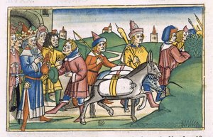 Mooseksen kirja 41 14-24 Faraon unelma, Nürnbergin Raamatusta (Biblia Sacra Germanaica) (värillinen puupiirros) tekijältä German School