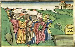 Genesis 49:28-33 Jaakobin hautaus, Nürnbergin Raamatusta (Biblia Sacra Germanaica) (värillinen puupiirros) tekijältä German School