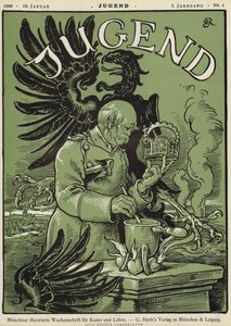 Saksan liittokansleri Otto von Bismarck pitelee Pyhän Rooman valtakunnan kruunua (väri litho) tekijältä German School