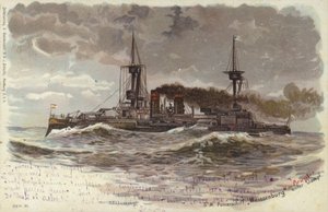 Saksalainen taistelulaiva SMS Weissenburg, 1800-luvun loppu tai 1900-luvun alku (väri litho) tekijältä German School