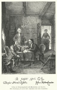 Saksalainen filosofi ja dramaturgi keskustelee uskonnosta Moses Mendelssohnin ja Johann Kaspar Lavaterin kanssa (kaiverrus) tekijältä German School