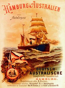 Hampuri - Australia, juliste, joka mainostaa saksalaista Australian Steamship Companya, 1889