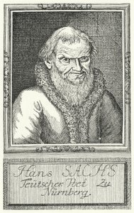 Hans Sachs, saksalainen näytelmäkirjailija ja kirjailija (kaiverrus) tekijältä German School