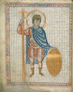 Harley 3045 fol.2 Keisari Ludvig I, hurskas, pitelee ristiä ja kilpiä, teoksesta "De Laudibus Sancte Crucis", n. 1170-1179 (vellum); tekijältä German School