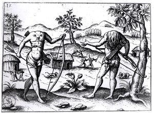 Päättömät miehet ja naiset, piirros Sir Walter Raleighin Guyana-kertomuksesta, julkaistu Nürnbergissä, 1599 tekijältä German School