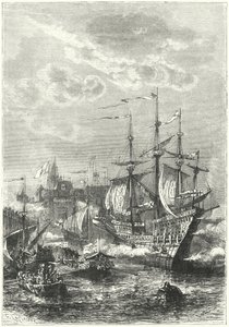 Henrik VIII ja englantilainen laivasto laskeutumassa Calais
