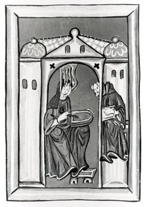 Hildegard Bingenistä vastaanottamassa valoa taivaasta, n. 1151 (vellum) (valkoinen kuva) tekijältä German School