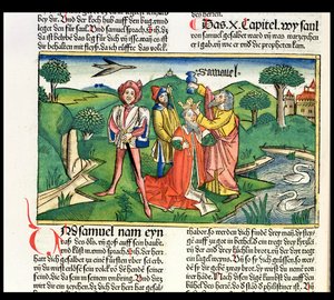 I Samuel 10 Saulin kruunaus ja voitelu, Nürnbergin Raamatusta (Biblia Sacra Germanica) (värillinen puupiirros)